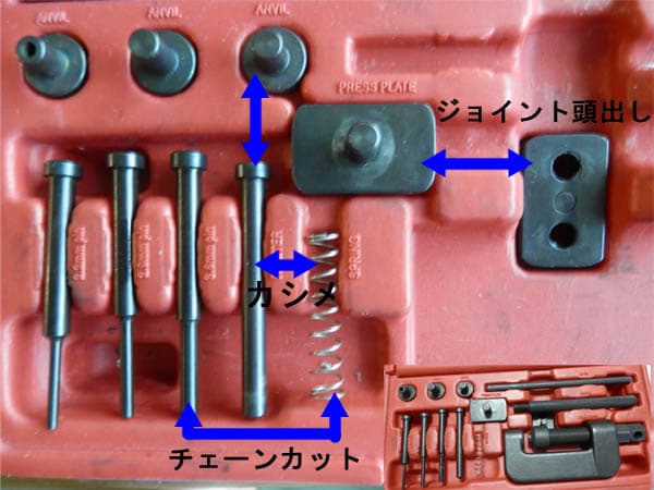 チェーンカット、ジョイントピンの頭出し、カシメ