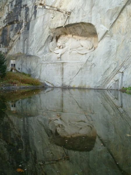 水に反射した嘆きのライオン像